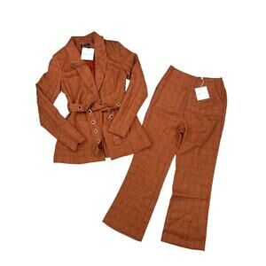 Honey Punch - Checkered Blazer and Pants Set in Orange and Gray